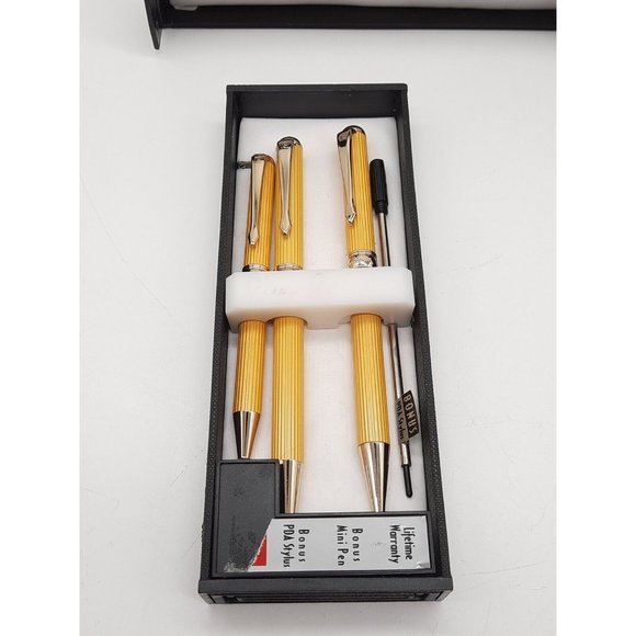 Vintage Pierre Cardin 4 Piece Pen,Pencil Set / New York & Paris Ribbed Gold Tone - Picture 4 of 4